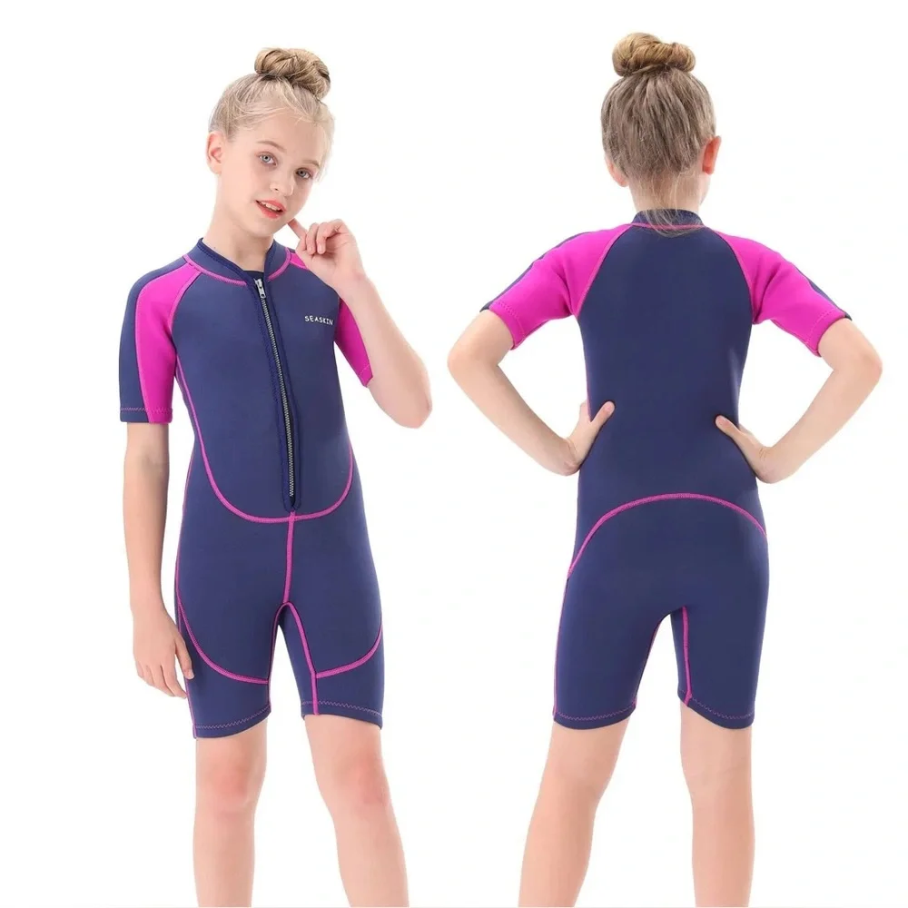 Seaskin Kids 2mm Wetsuit Navy Fuchsia Short Sleeve Surf Swim Suit SIZE 8